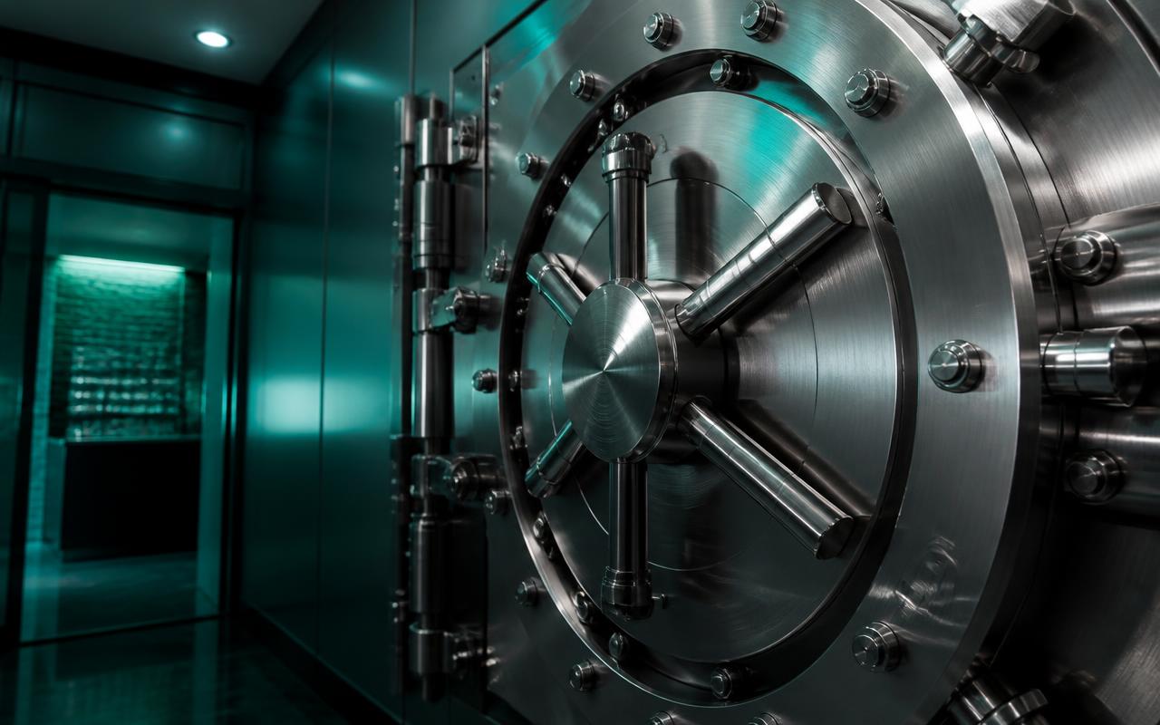 Steel bank vault door lit in teal light